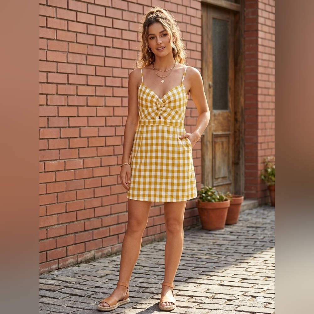 Forever 21 Yellow Gingham Knot-Front Mini Dress